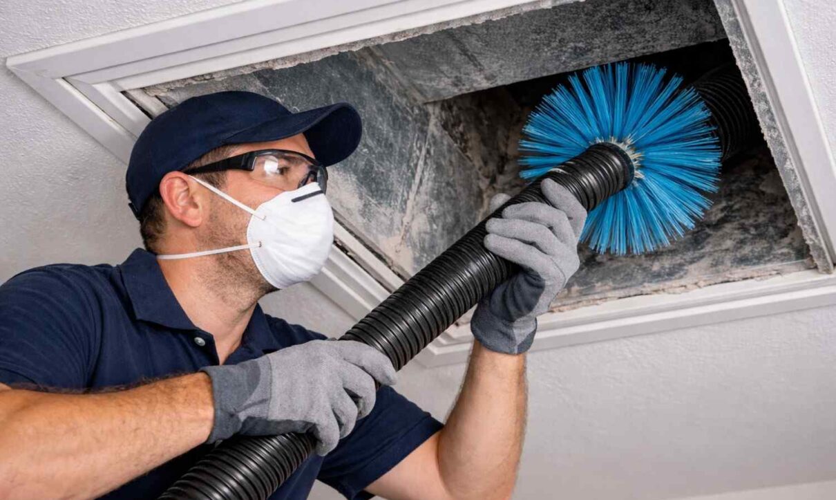 HVAC technician cleaning air duct